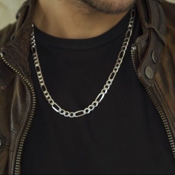 Solid Sterling Silver 7MM Figaro Chain Necklace 925 Stamped - Picture 2 of 12